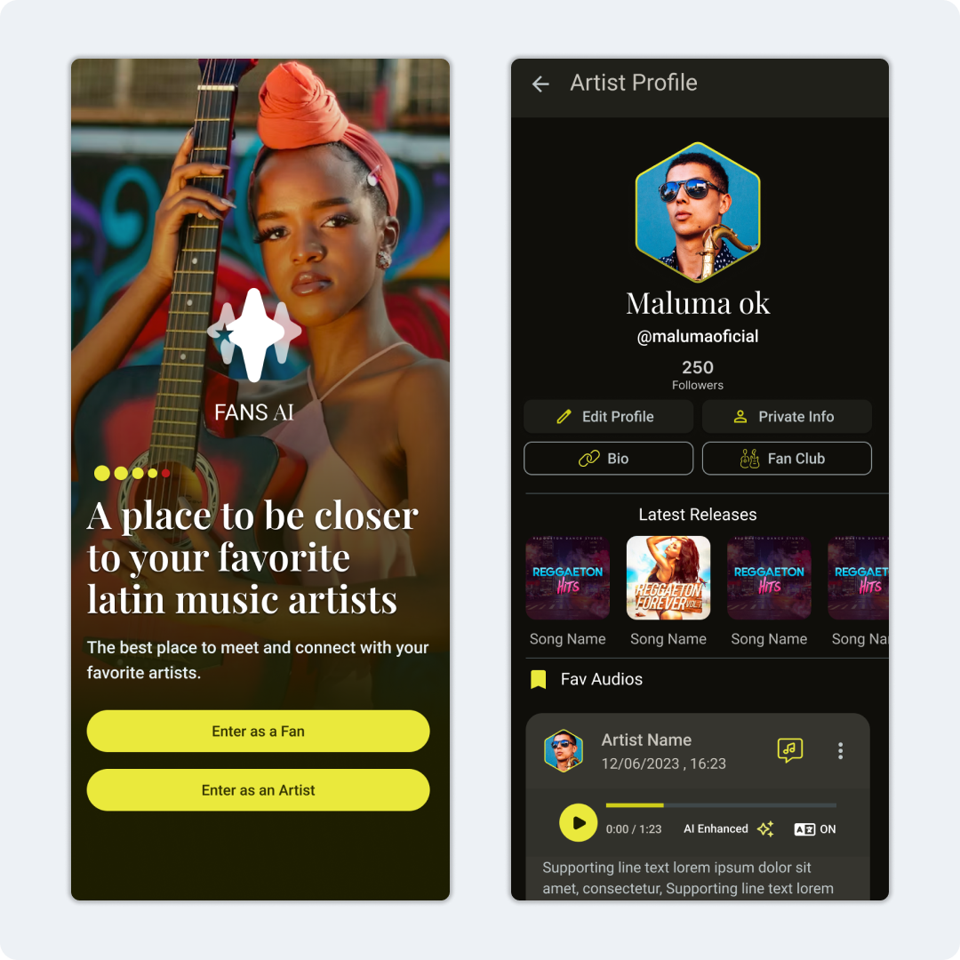 Rediseño de componentes de Fans.ai, feed de audio, clubs de fans y perfil de artista