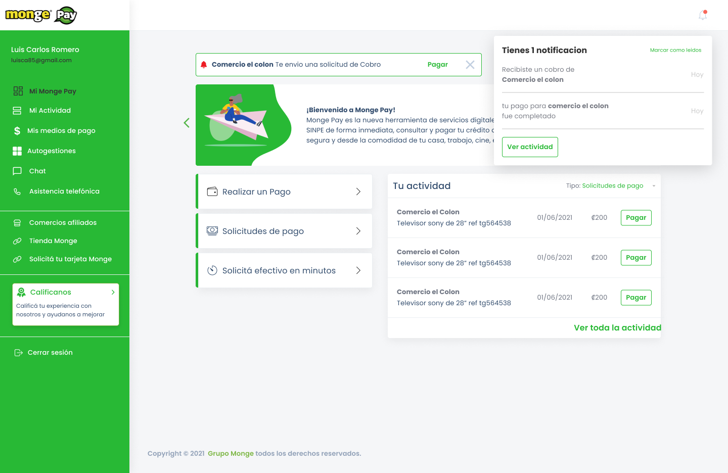 Monge Pay, vista desktop de la plataforma de pagos
